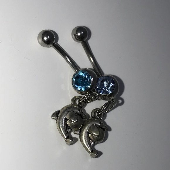 Aqua Blue Dolphin with Ball Dangle Belly Ring - Picture 4 of 16